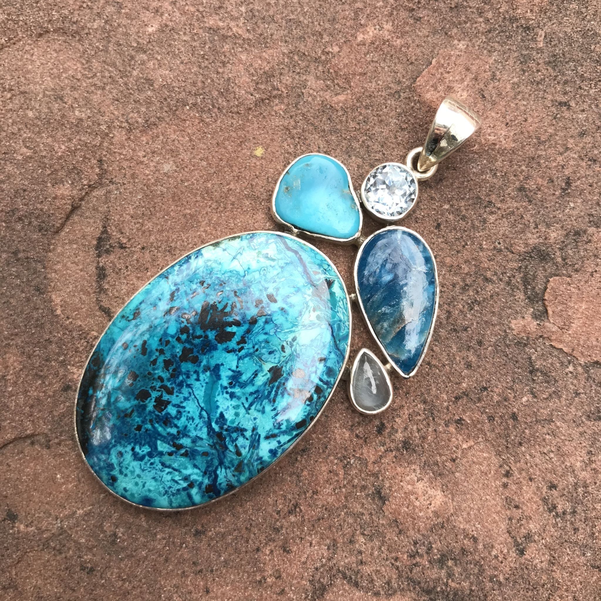 Chrysocolla & Sterling Silver Jeweled Collage Pendant
