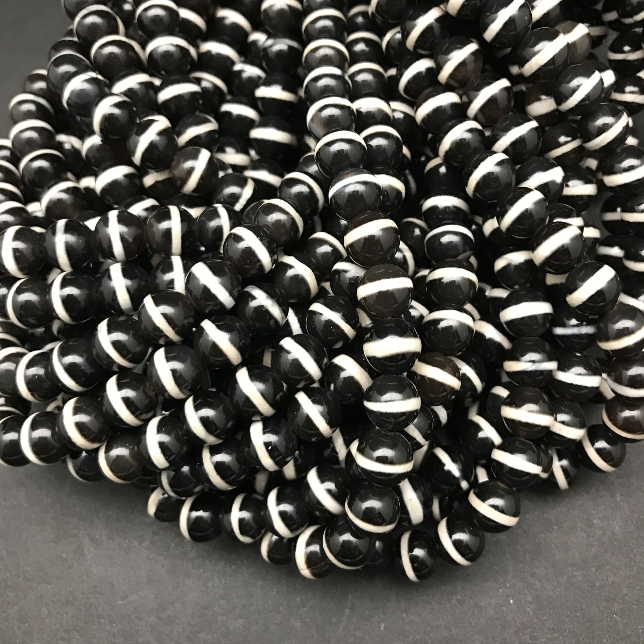 Black Agate, White Banded Beads - 8mm