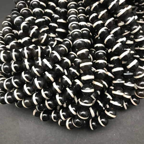 Black Agate, White Banded Beads - 8mm