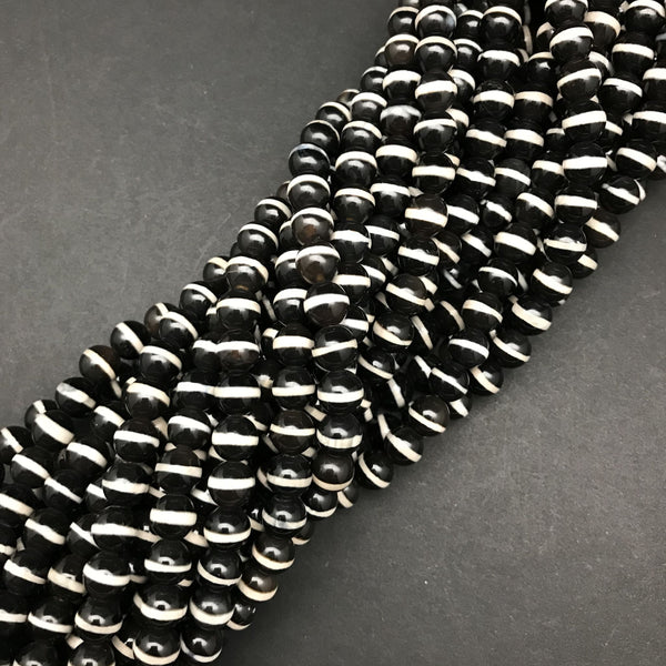 Black Agate, White Banded Beads - 8mm